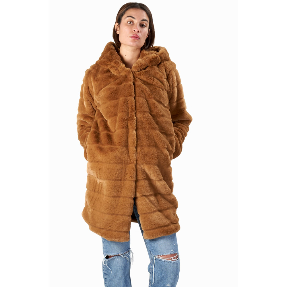 Anthropologie Apparis XS Faux Fur Celina Jacket $360 Hooded Long Mink Coat Camel - Picture 6 of 15